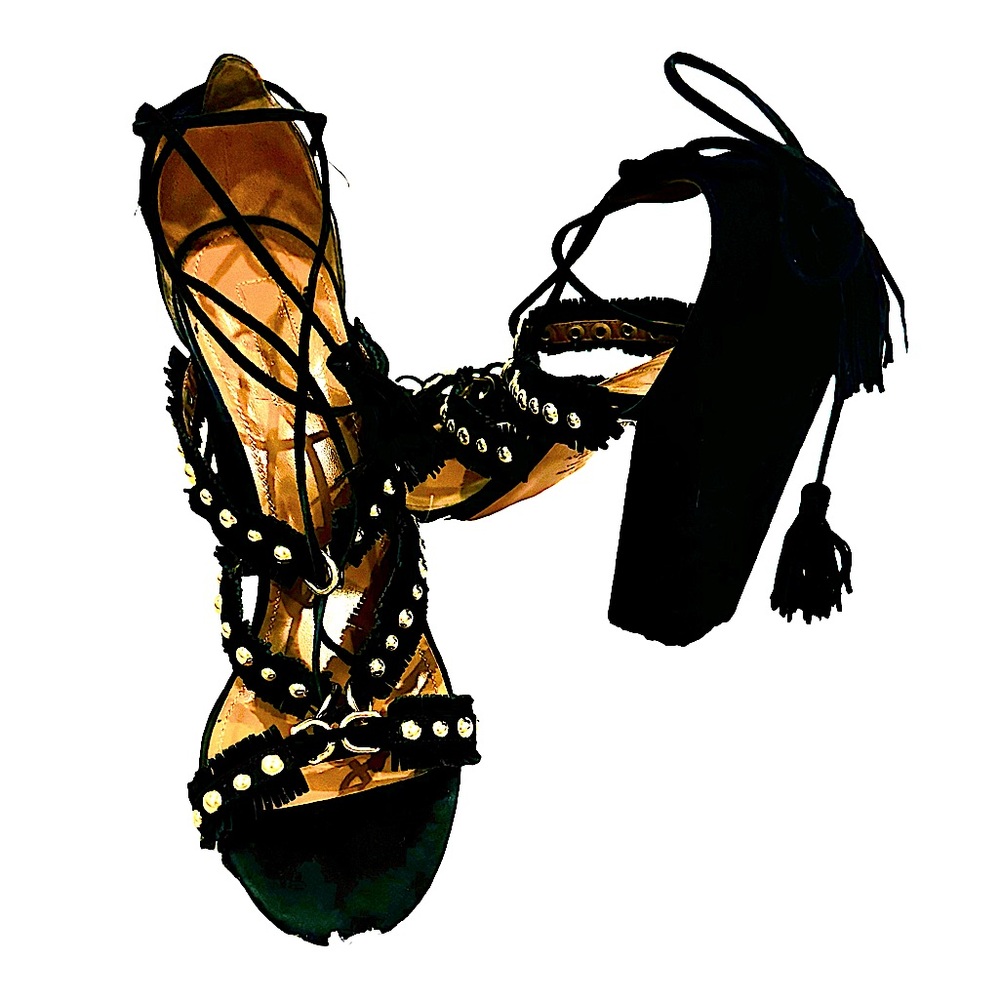 AQUAZZURA  blk, gold suede ankle wrap block heels.sz40 $159